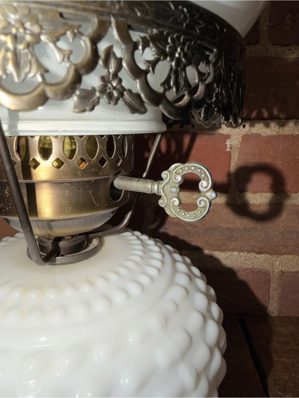 White Hobnail Milk Glass Table Lamp with Brass Accents